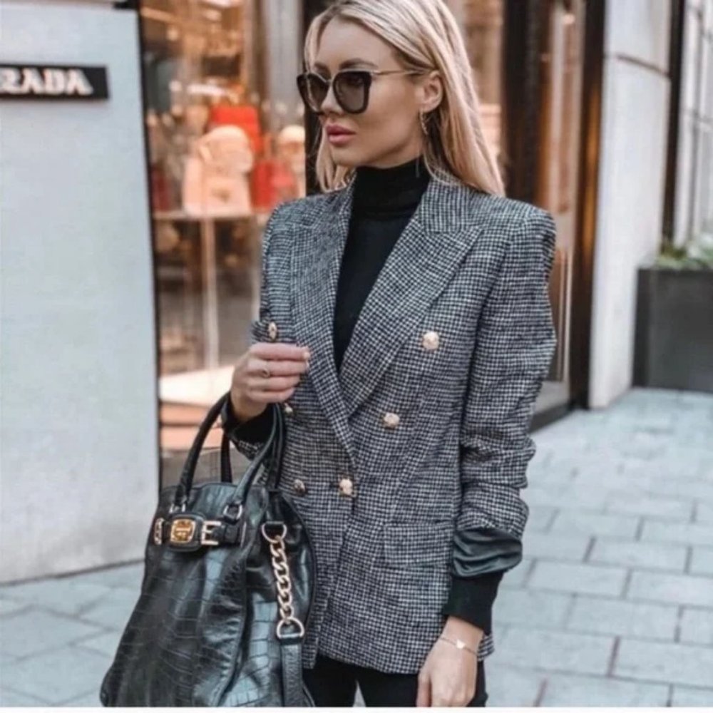 ZARA Double Breasted Houndstooth Blazer - Picture 7 of 12